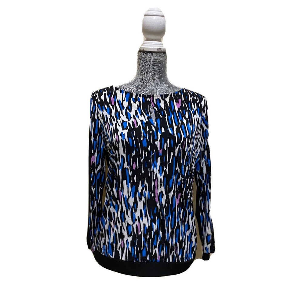 Worthington Women PM Blue Black Abstract Print Long Sleeve Reversible Blouse Top